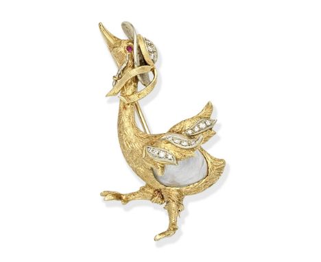 GEM-SET 'MOTHER GOOSE' BROOCHWith baroque cultured pearl body, single-cut diamond-set wings and bonnet and a circular-cut rub