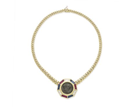 RUBY, SAPPHIRE AND DIAMOND-SET COIN NECKLACEThe ancient coin within a baguette and tapered baguette-cut diamond, ruby and sap