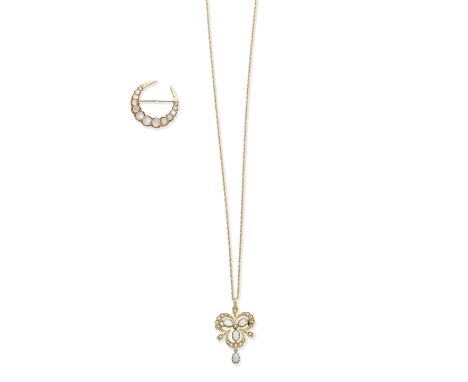 OPAL AND PEARL BROOCH/PENDANT AND A MOONSTONE CRESCENT BROOCH, LATE 19TH CENTURY1st: The trefoil brooch/pendant necklace set 