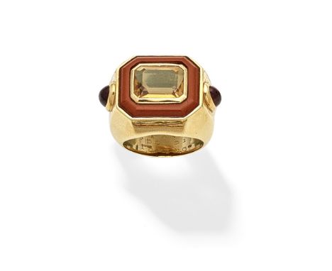 CHANEL: GEM-SET DRESS RINGThe octagonal step-cut citrine within a jasper surround, between cabochon garnet shoulders, mounted