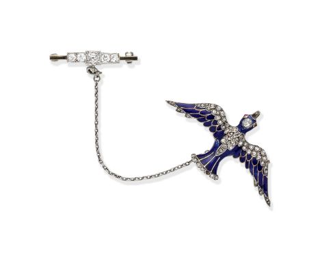 DIAMOND AND ENAMEL BIRD BROOCH, LATE 19TH CENTURYDecorated with blue enamel, the body set with rose-cut diamonds, the head se