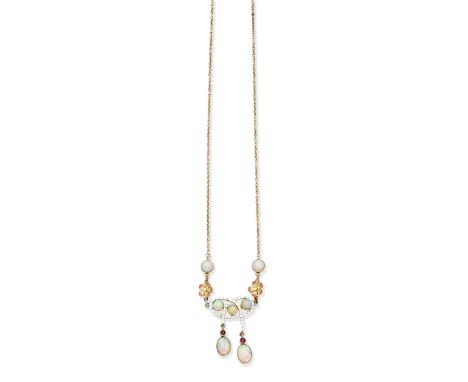 ART NOUVEAU OPAL, RUBY AND ENAMEL NECKLACE CIRCA 1900The white and black enamel bow set with opal cabochons, suspending tasse