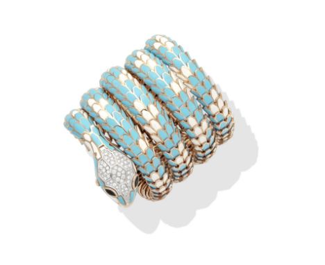 ENAMEL AND GEM-SET SNAKE BRACELET/WATCHDesigned as a coiled snake with sprung structure, the head opening to reveal a round b