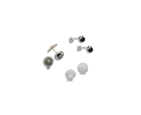 MAUBOUSSIN: ONYX CUFFLINKS; LONGMIRE: WHITE OPAL CUFFLINKS; CULTURED PEARL CUFFLINKS1st: Each onyx cabochon within a crossove