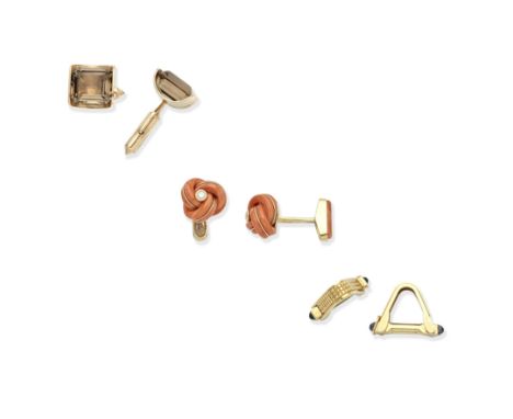THREE PAIRS OF GEM-SET CUFFLINKS, CIRCA 19701st: Each coral corallium rubrum knot with a brilliant-cut diamond accent and a s
