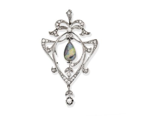 OPAL AND DIAMOND PENDANT, EARLY 20TH CENTURYThe pear-shaped opal suspended within a scrolling ribbon and foliate frame, set w