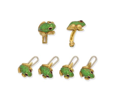 DAVID WEBB: ENAMEL FROG DRESS SETSingle-sided, each frog decorated with bright green guilloché enamel and red enamel eyes wit