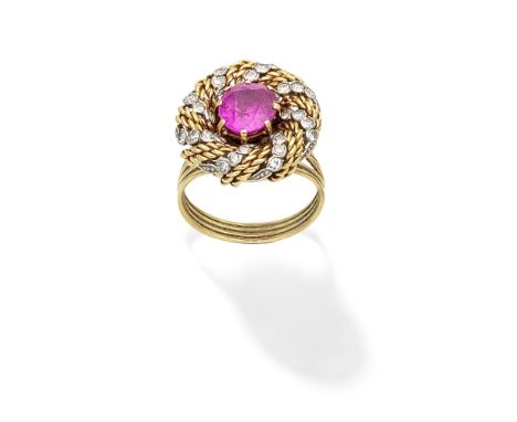 SYNTHETIC RUBY AND DIAMOND DRESS RINGThe cushion-shaped synthetic ruby within a ropetwist and single-cut diamond surround,  r
