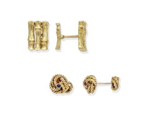 TIFFANY: TWO PAIRS OF CUFFLINKS1st: Single-sided, each ropetwist knot set with a ruby or sapphire cabochon and a smaller rope