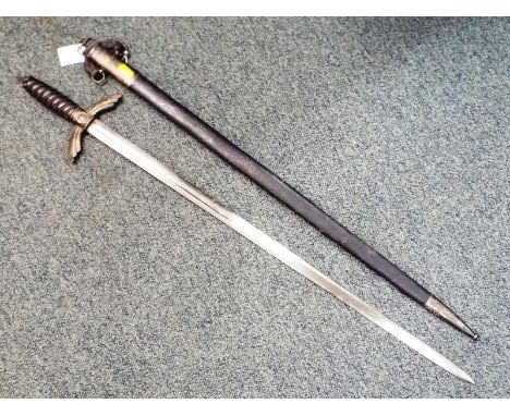 A World War Two (WWII) Nazi Germany Luftwaffe pilot officer's sword, the 67 cm straight double edged blade marked for SMF Sol