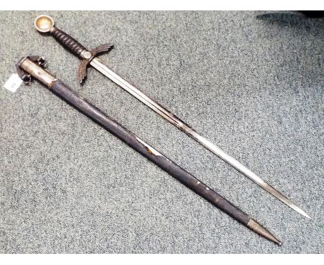 A World War Two (WWII) Nazi Germany Luftwaffe pilot officer's sword, the 67 cm straight double edged blade marked for SMF Sol