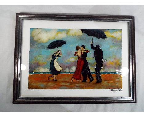 Zurka - an original enamel on crystal glass depicting figures by the shore, image size 23 cm x 35 cm, signed and dated 2015, 