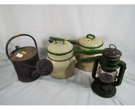 A good mixed lot of collectables to include a pair of Judge Brand 4-pint pans, a three quarter gallon watering can with rose 