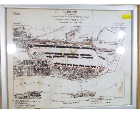 A German print depicting London Silvertown, Royal Albert Dock, George V Dock as appeared ca 1938, framed under glass, image s