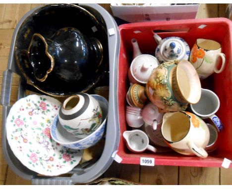 A crate and a washing basket containing a quantity of assorted ceramic items including set of three Art Deco hand painted gra