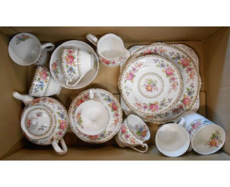 A Grafton bone china part tea set in the Mulvern pattern including teapot, milk and sugar, cups and saucers, mugs, plates, et