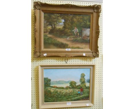 Lesley Harrett: an ornate gilt framed oil on canvas, depicting a girl sitting on a fence in a rural setting - signed - sold w