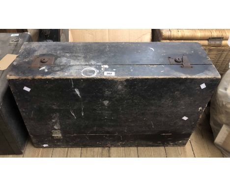 A 77cm vintage mixed wood carpenter's toolbox with drawers enclosed by a fall-front, containing a selection of tools
