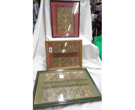 Three framed and glazed double panels of 18th Century Turkish scarf edging with floral reversible stitch decoration
