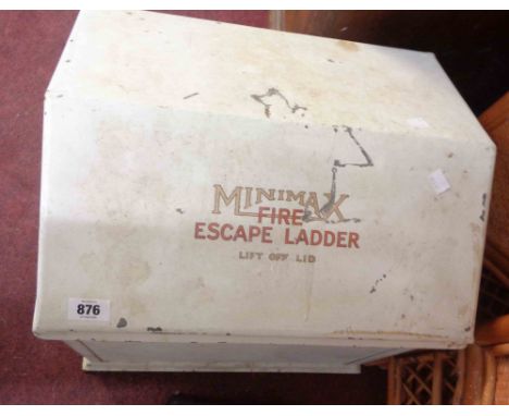 A vintage Minimax Fire Escape Ladder in original painted tin case, the ladder with embossed steps - for decorative use only