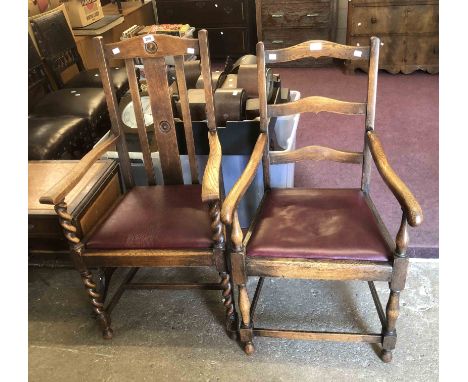A vintage oak framed high back elbow chair, set on barley twist supports - sold with a ladder back similar