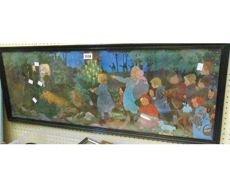 An ebonised framed panoramic coloured print, depicting a procession of children and animals approaching the birthplace of Chr