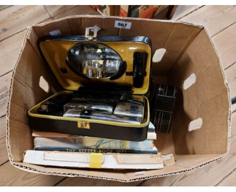 A box containing a quantity of assorted collectable items including vintage children's annuals, vanity set, etc.