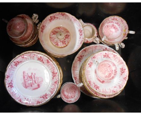 A crate containing a large quantity of 19th Century bone china with puce transfer printed decoration depicting views of Readi