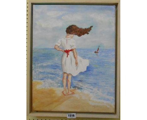 Penny Harrup: a box framed acrylic painting on canvas entitled 'Sea Shore Thoughts' - signed and with details verso - sold wi