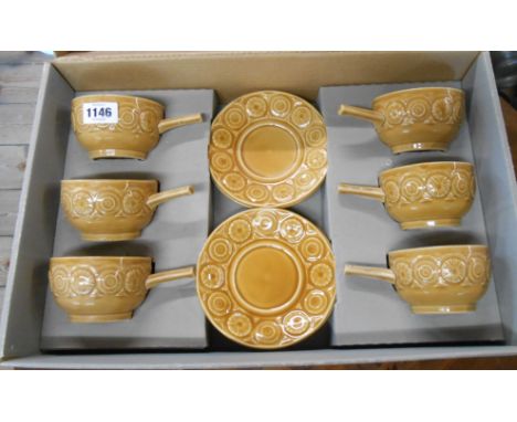 A vintage Tams pottery twelve piece soup set in the Romany pattern with moulded geometric pattern contained in original box