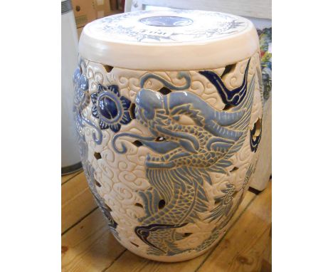 A modern Chinese ceramic garden seat with moulded dragon decoration