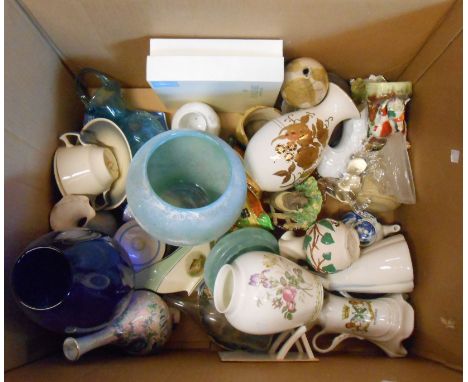 A box containing a quantity of assorted ceramic and glass items including Susie Cooper lidded bowl, Coalport commemorative pl