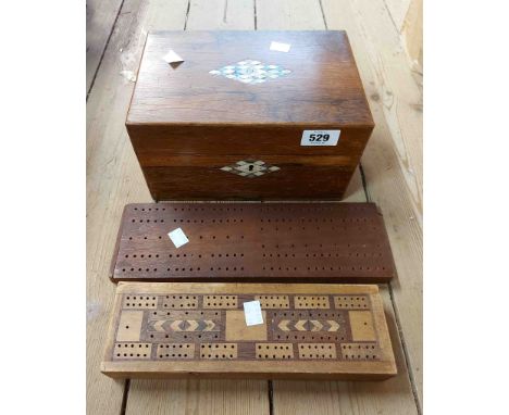 A 19th Century rosewood veneered workbox with mother-of-pearl inlay (inner tray missing) - sold with two old cribbage boards