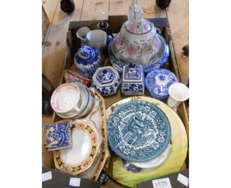 A box containing a quantity of assorted ceramic items including blue and white transfer printed ware, etc.