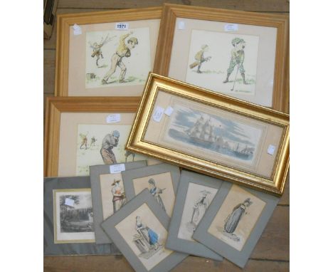 Three matching framed coloured cricketing reprints - sold with small format unframed book plates and a gilt framed maritime p