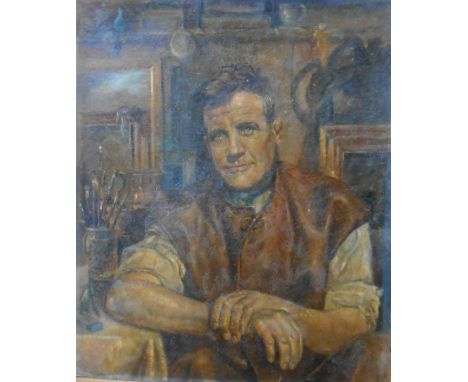Duncan Mackay: an unframed oil on board portrait of Harry Braithwaite - signed and with label verso - 60cm X 50cm