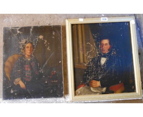 A gilt framed oil on canvas portrait of a 19th Century gentleman - sold with an unframed companion painting of a lady - both 