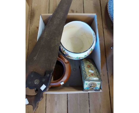A box containing a quantity of assorted collectable items including vintage Jacob's biscuit tin of casket form, leather cover