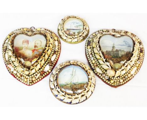 A pair of heart shaped sailors' valentine shellwork wall plaques, each with central glazed panel depicting King Edward VIII a