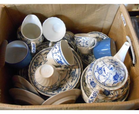 A box containing a quantity of Johnson Bros. tea and dinner ware including teapot, cups and saucers, etc.