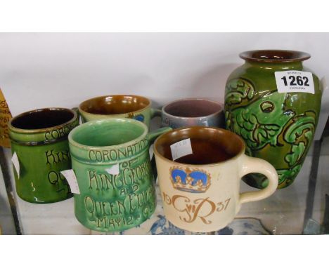 Five North Devon Pottery commemorative mugs made for the Coronation of George VI in 1937 including Brannam and Baron examples