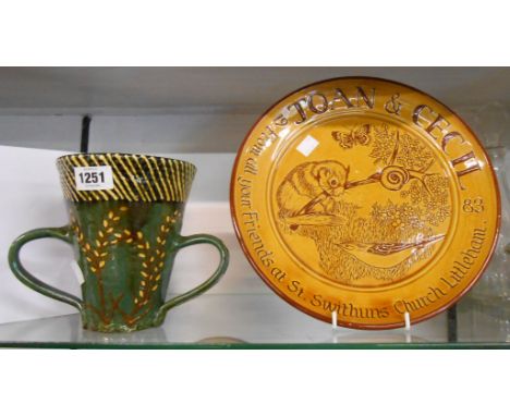 A Susan Juniper Bideford Pottery sgraffito decorated plate with central wildlife decoration (dated 1983) - sold with a large 
