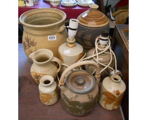 Eight pieces of E.B Jones studio pottery, including lamp bases, jugs, etc.