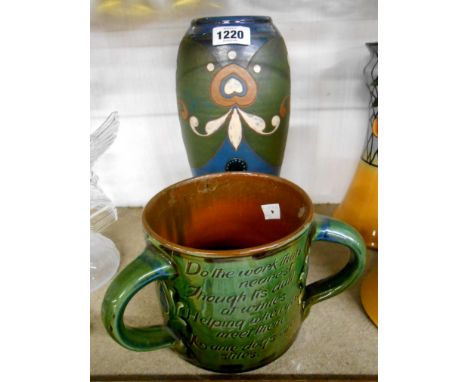 A C.H. Brannam Barnstaple Pottery three handled tyg with all round incised motto - incised mark to base and dated 1903 with F