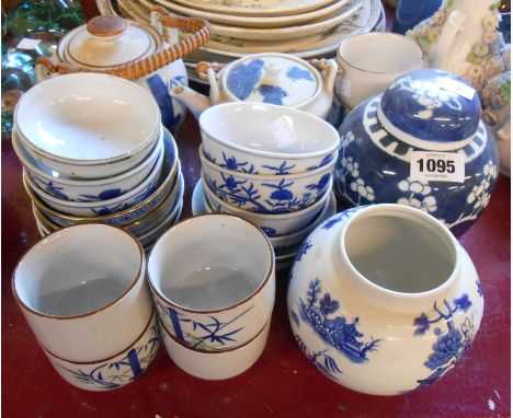 A quantity of ceramic items including Chinese bowls, teapot, prunus decorated ginger jar, etc.