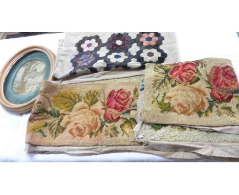 A bag containing a small quantity of needlework embroidery and tapestry items including antique silk work picture depicting a
