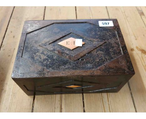 A small antique strongbox with two internal lift-out trays and locking lift-top lid with brass initialed plate to top - no ke
