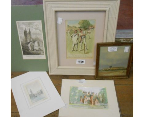 A framed coloured cricketing print and small †W. Russell Flint print - sold with two unframed coloured prints and a small arc