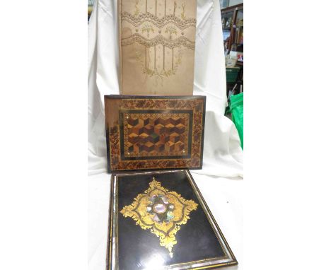 A Victorian papier mache writing case with mother-of-pearl and gilt decoration on a black ground - sold with a Tunbridge ware