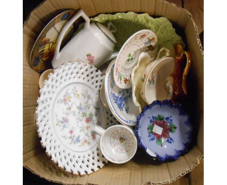 A box containing a quantity of assorted ceramic items including Royal Kendal Fortune Teller cup, St. Michael porcelain compor